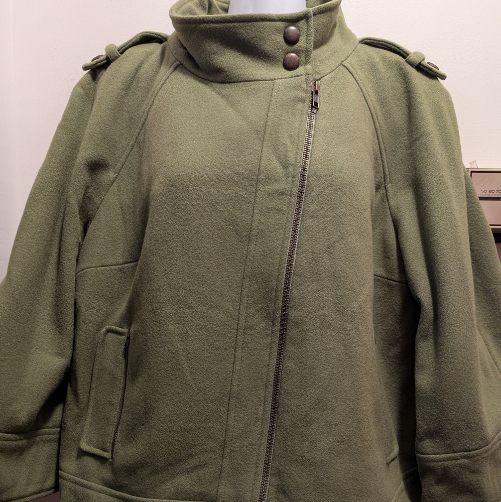 Tribal Women's 10 Olive Green Asymmetrical Zip Jacket Wool Blend Flared Sleeves